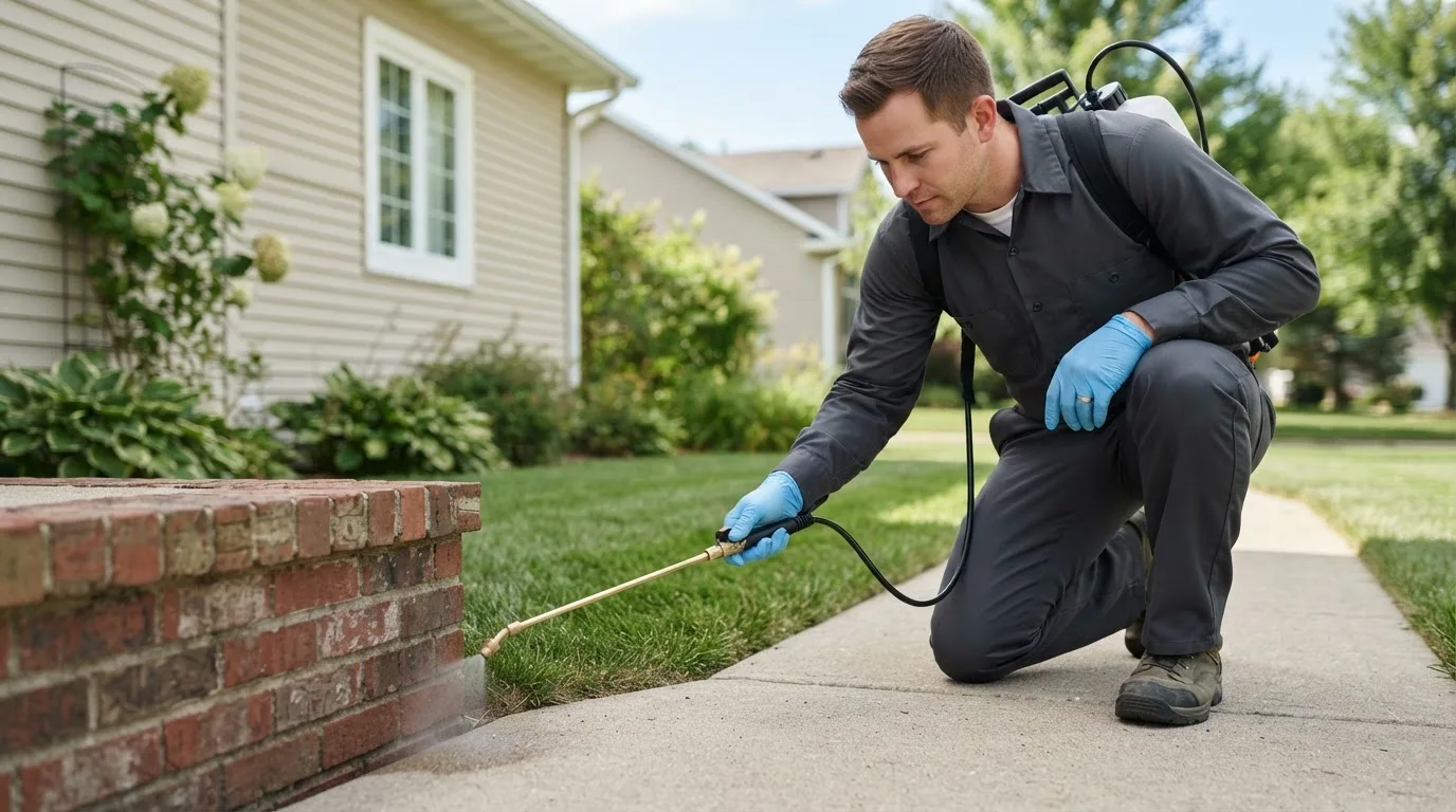 Pest control technician treating a home near New Lenox, IL
